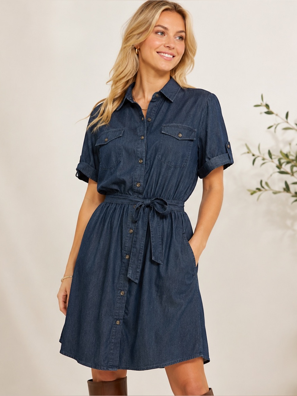 Chambray Shirt Dress 100% Cotton Dark Wash Button Front Tie Waist L